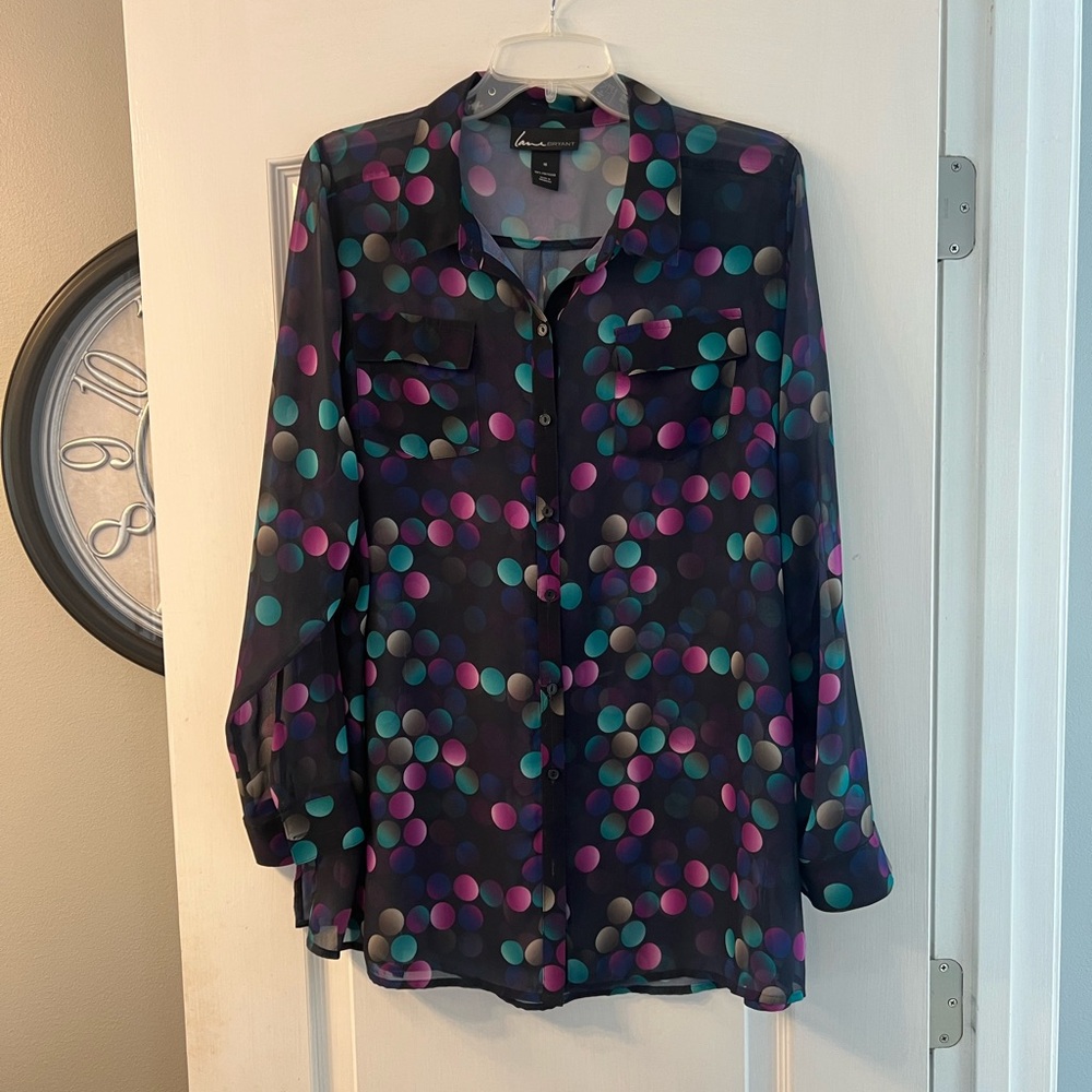 Lane Bryant long semi sheer polka dot holiday blouse size 16